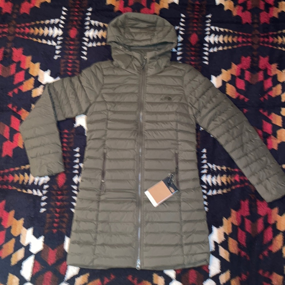North Face Stretch Down Parka New Taupe Green NWT S $300 new,hooded, long